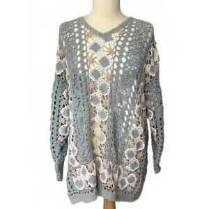 Vintage Shenanigans Handmade Sweater Gray Cream Tan Drop Shoulder L